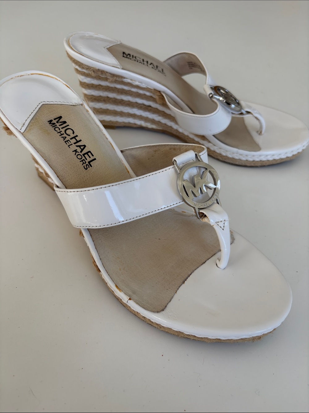 MICHAEL Michael Kors White MK Logo Espadrille Wedge Sandals 7